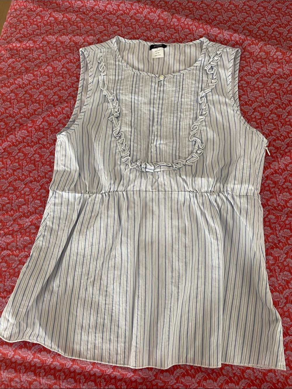 J. Crew Blue and White Striped Ruffle-Trim Tank